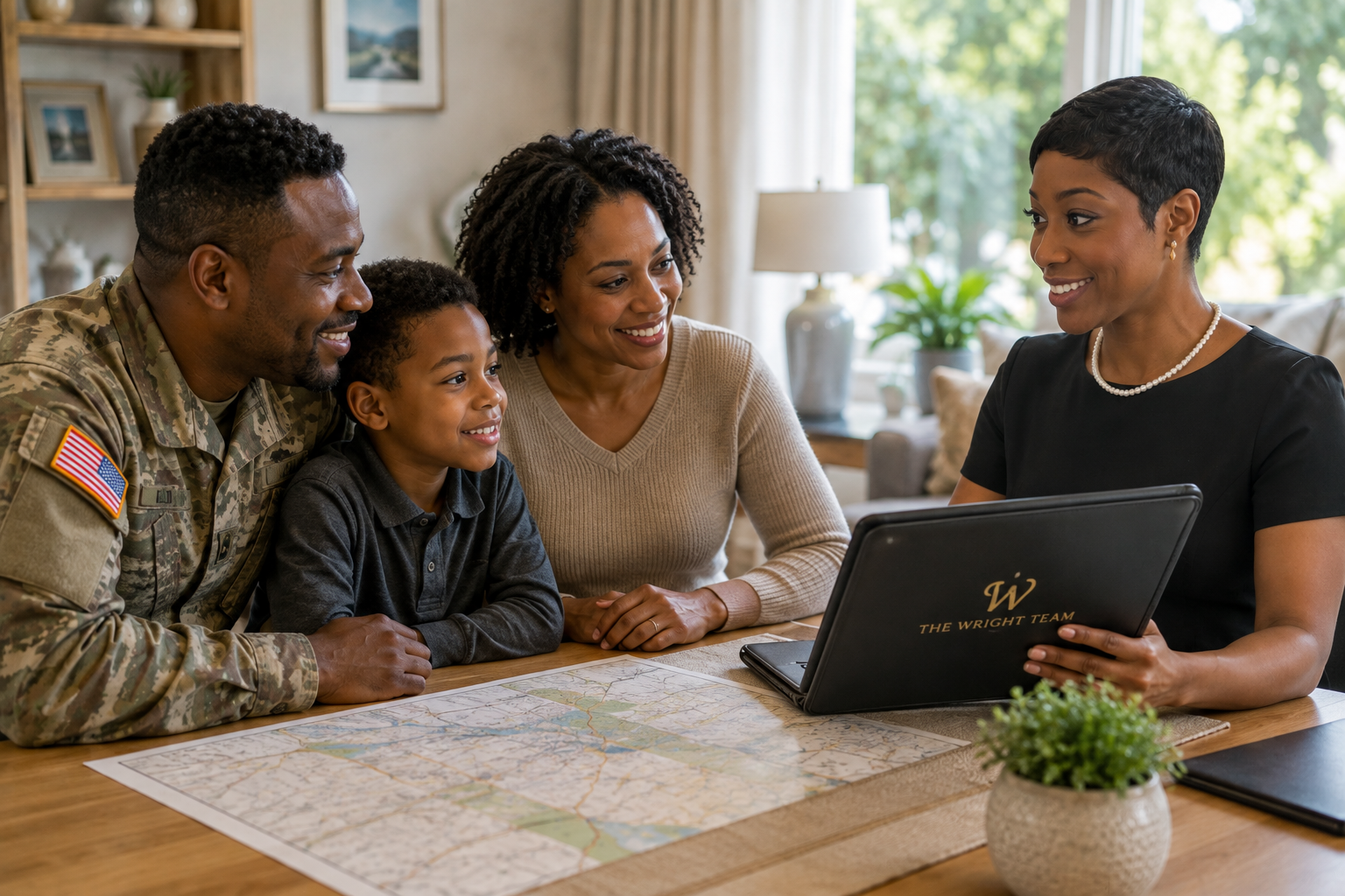 A military family meeting with their agent to plan a PCS move
