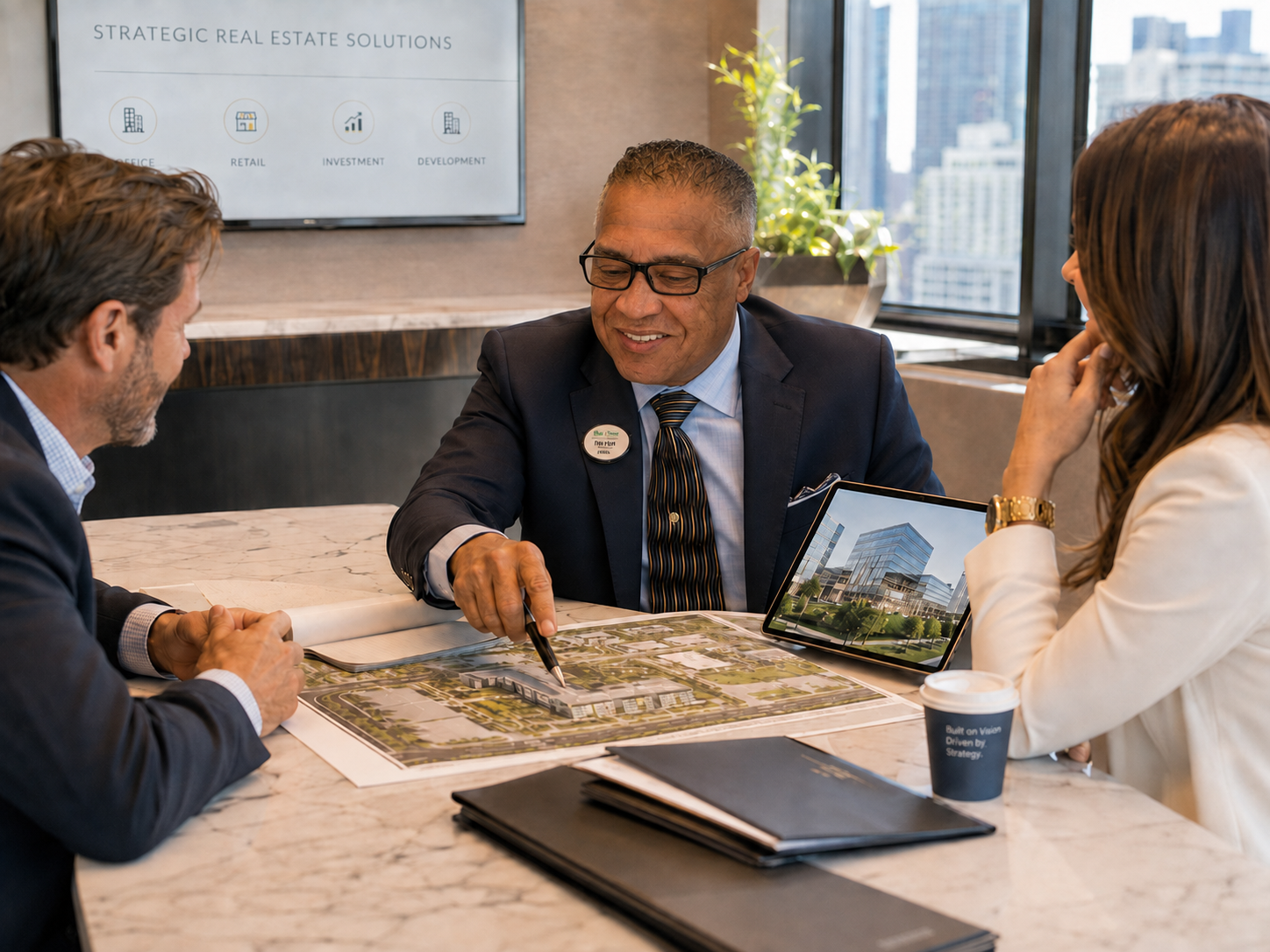 A commercial real estate agent reviewing a development site plan with clients