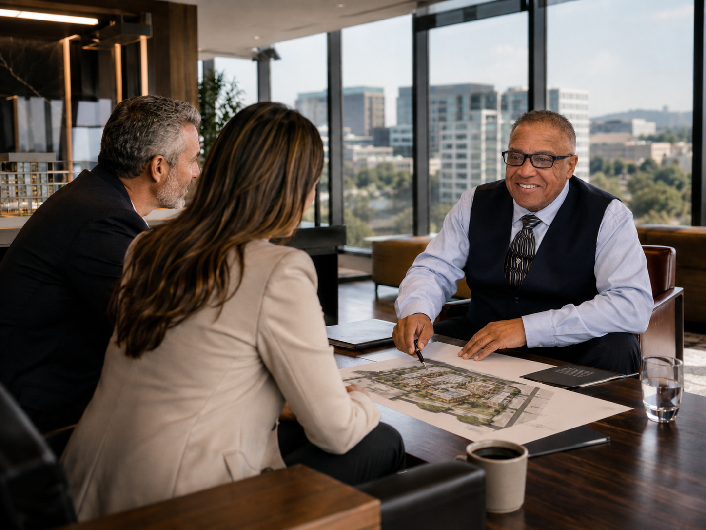 A commercial real estate agent reviewing a site plan with clients in a high-rise office