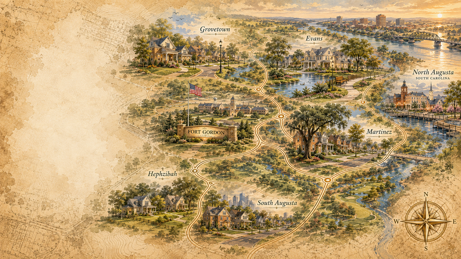 An illustrated map of CSRA neighborhoods including Evans, Grovetown, Martinez, Hephzibah, South Augusta, and North Augusta around Fort Gordon