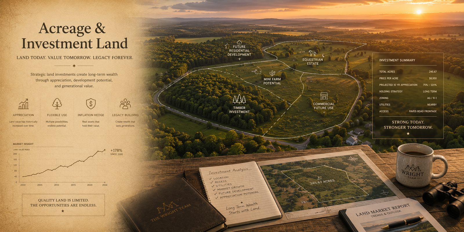 An aerial view of acreage land with conceptual investment planning graphics