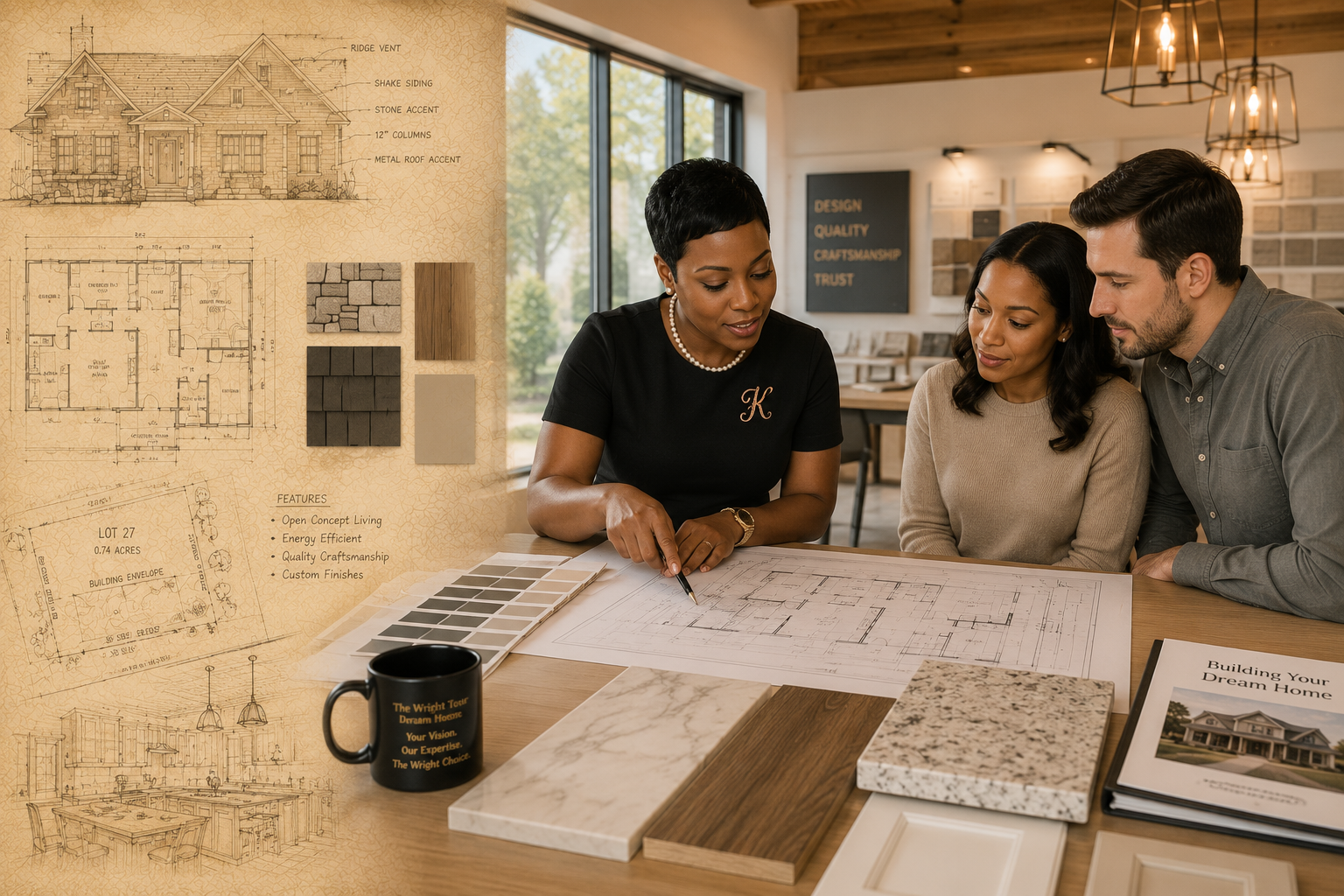 A couple reviewing house plans and material samples with their agent