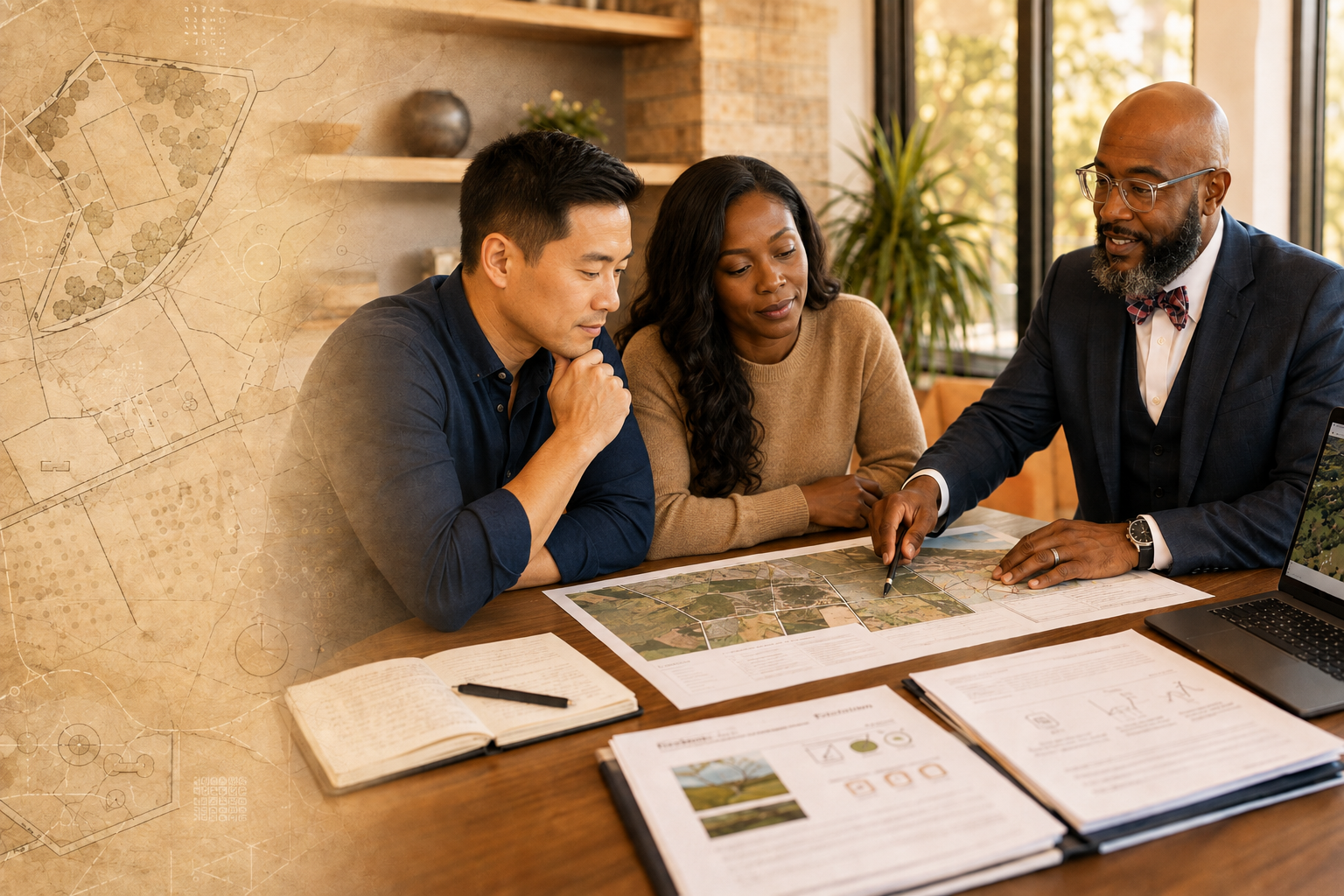 An agent reviewing a parcel map with a couple during land due diligence