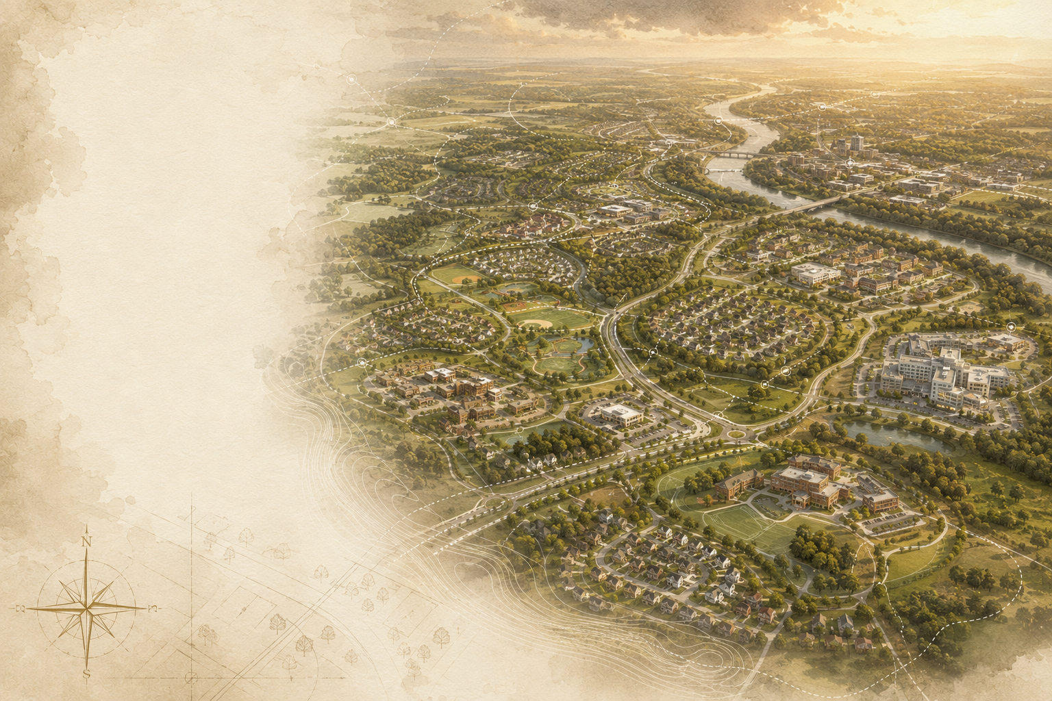 Aerial view of neighborhoods near Fort Gordon and the Savannah River
