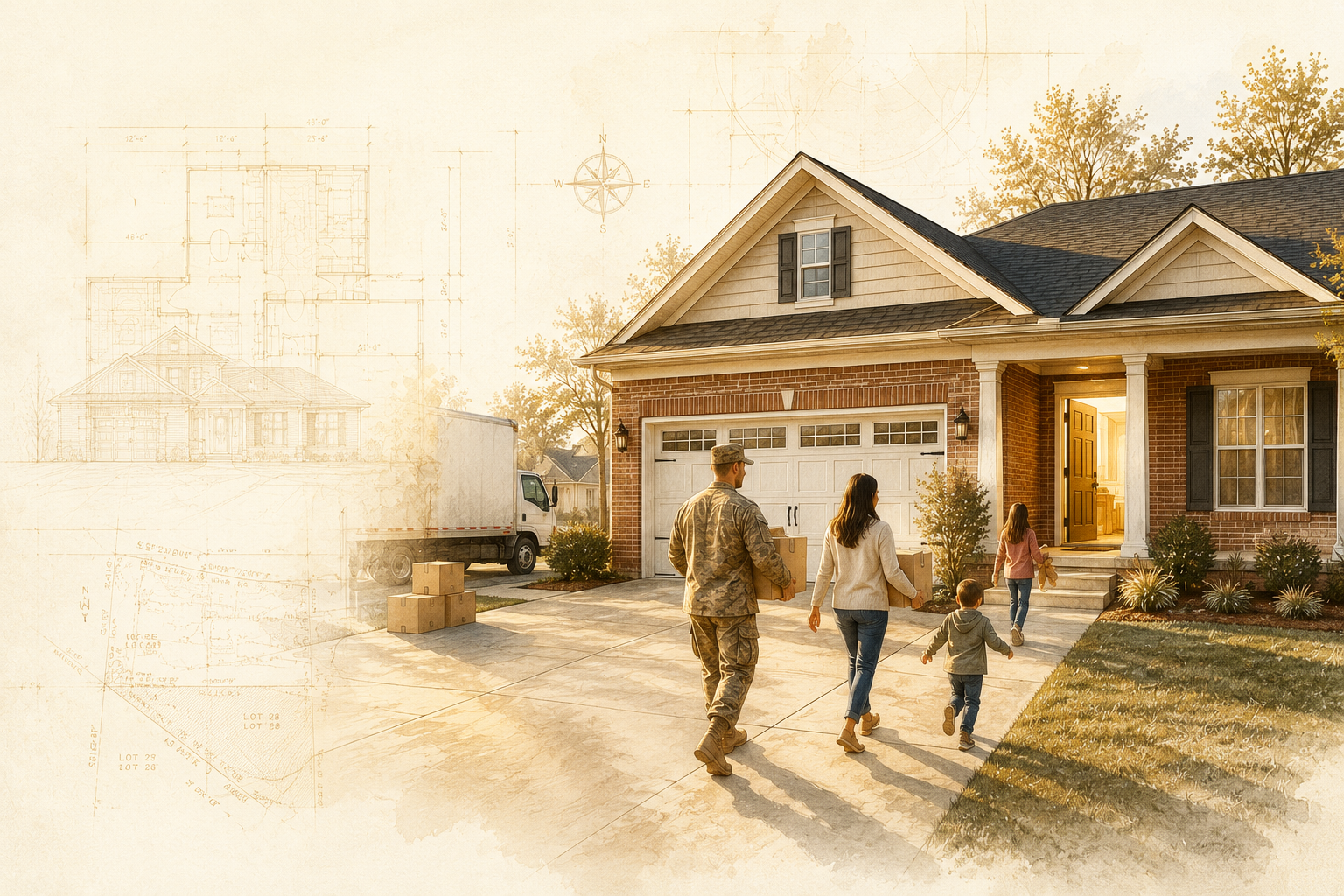 A soldier and his family carrying boxes into their new home, moving truck in the driveway
