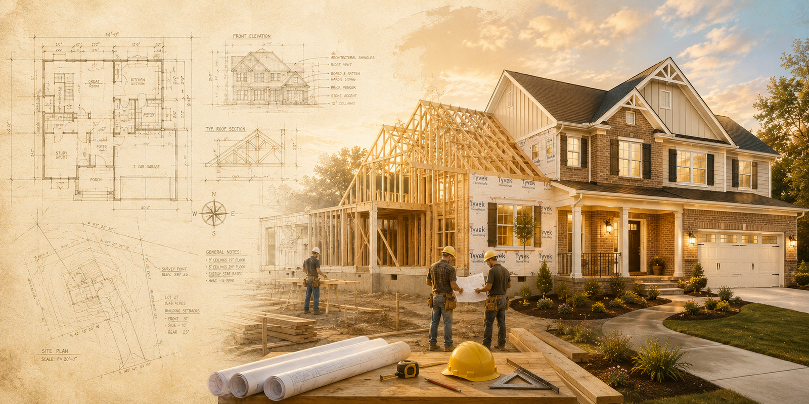 A framed new-construction home under a sunset sky, with a completed home beside it