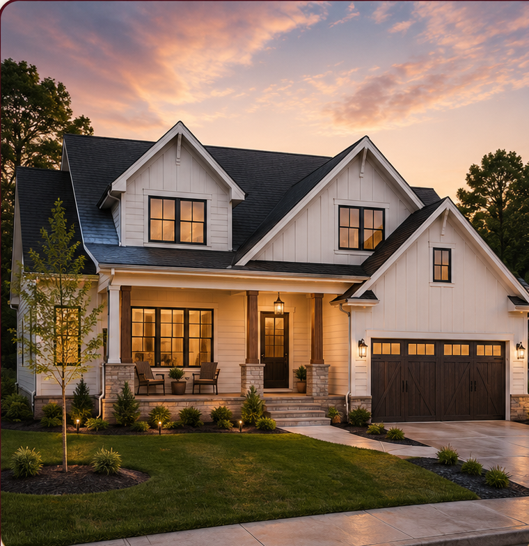 A new-construction home at dusk with warm porch and window lighting