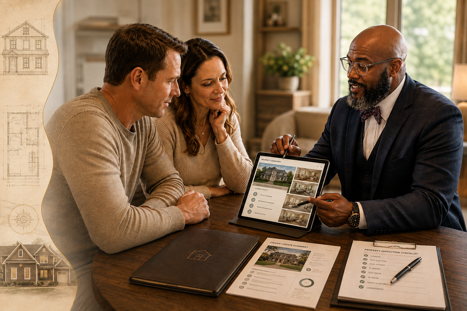 A property manager reviewing a tablet with two homeowners during a consultation