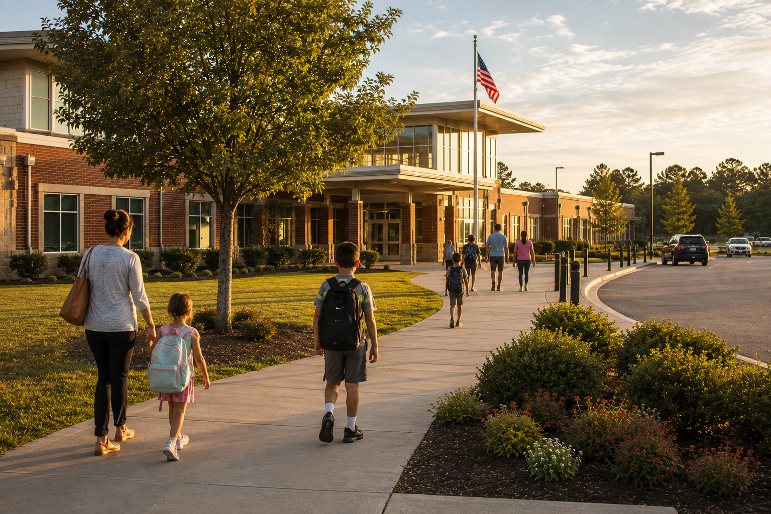 Families and students arriving at a school campus in the Aiken County area.