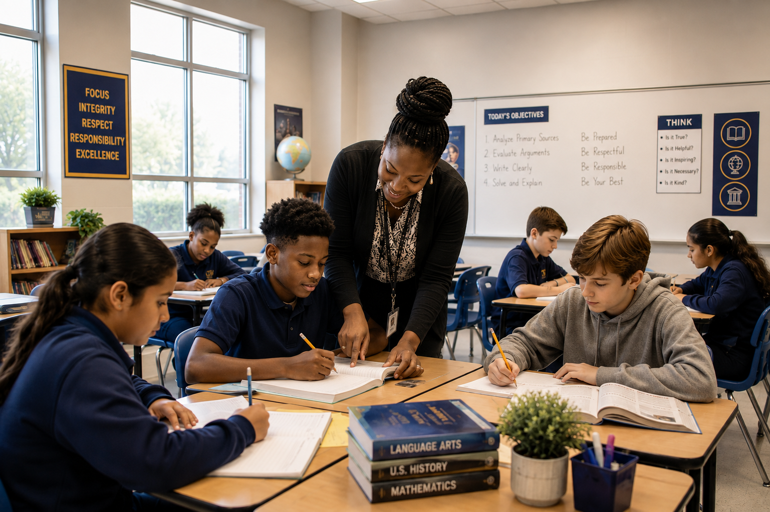 Teacher supporting students during structured classroom instruction.