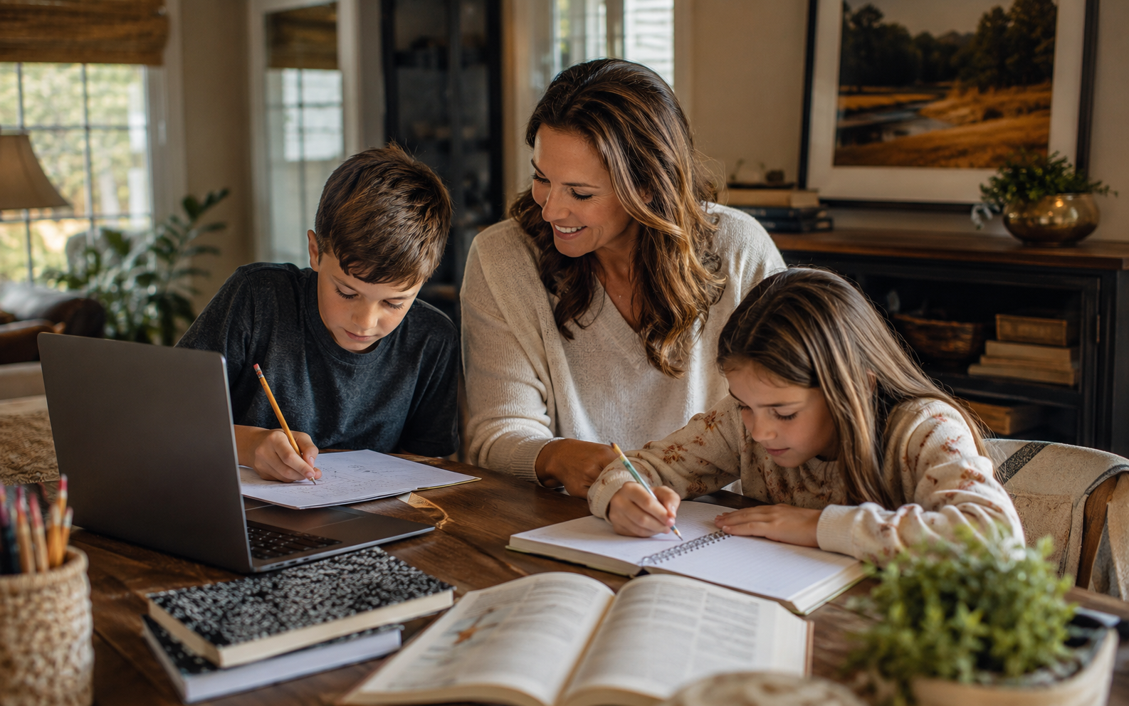 Parent supporting children during a home-based learning session with books and a laptop.